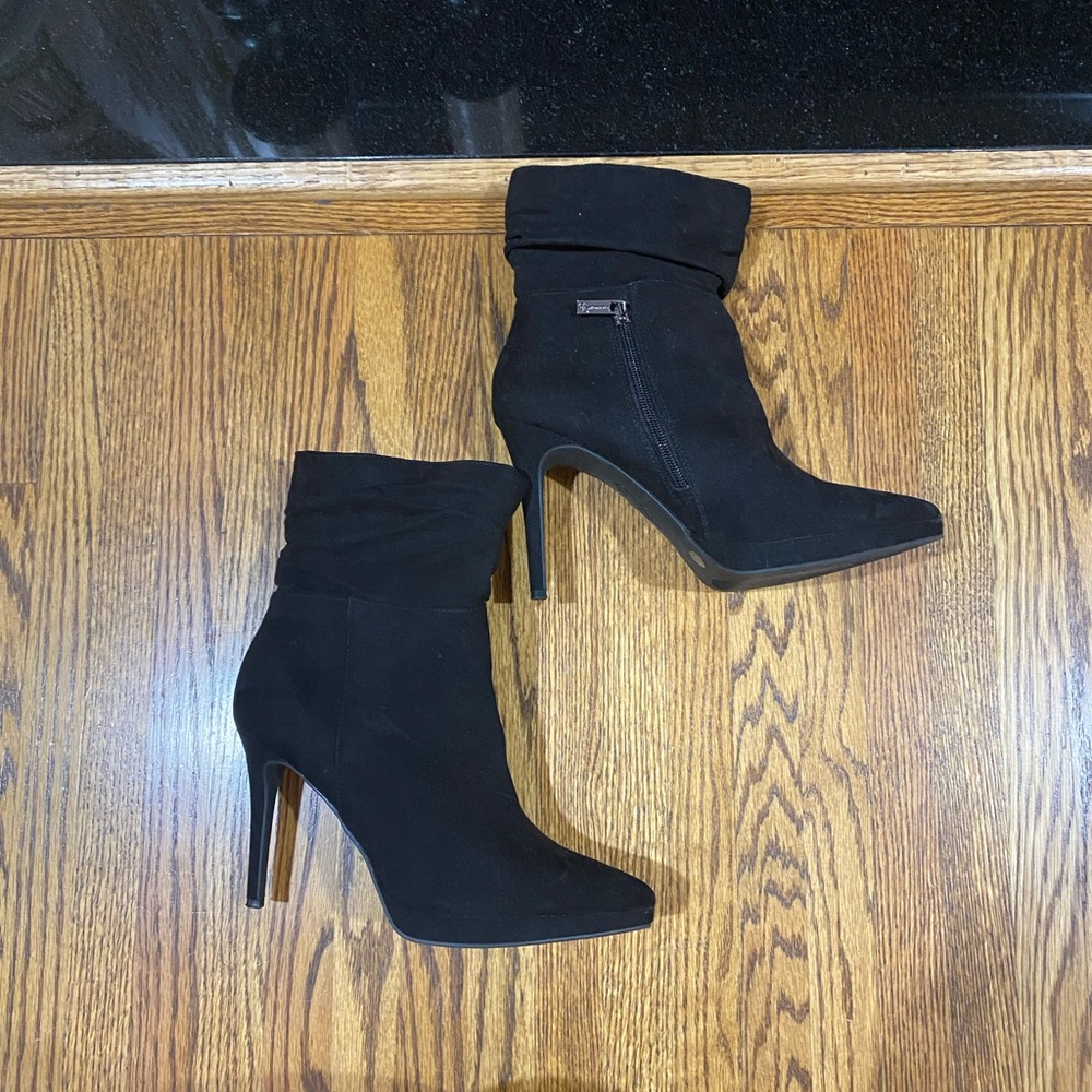 Black suede ankle boots with zipper